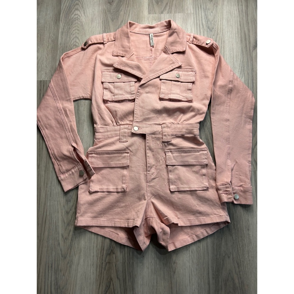 AMERICAN BAZI Pink‎ Utility Button Front Short Romper Jumpsuit Women's M